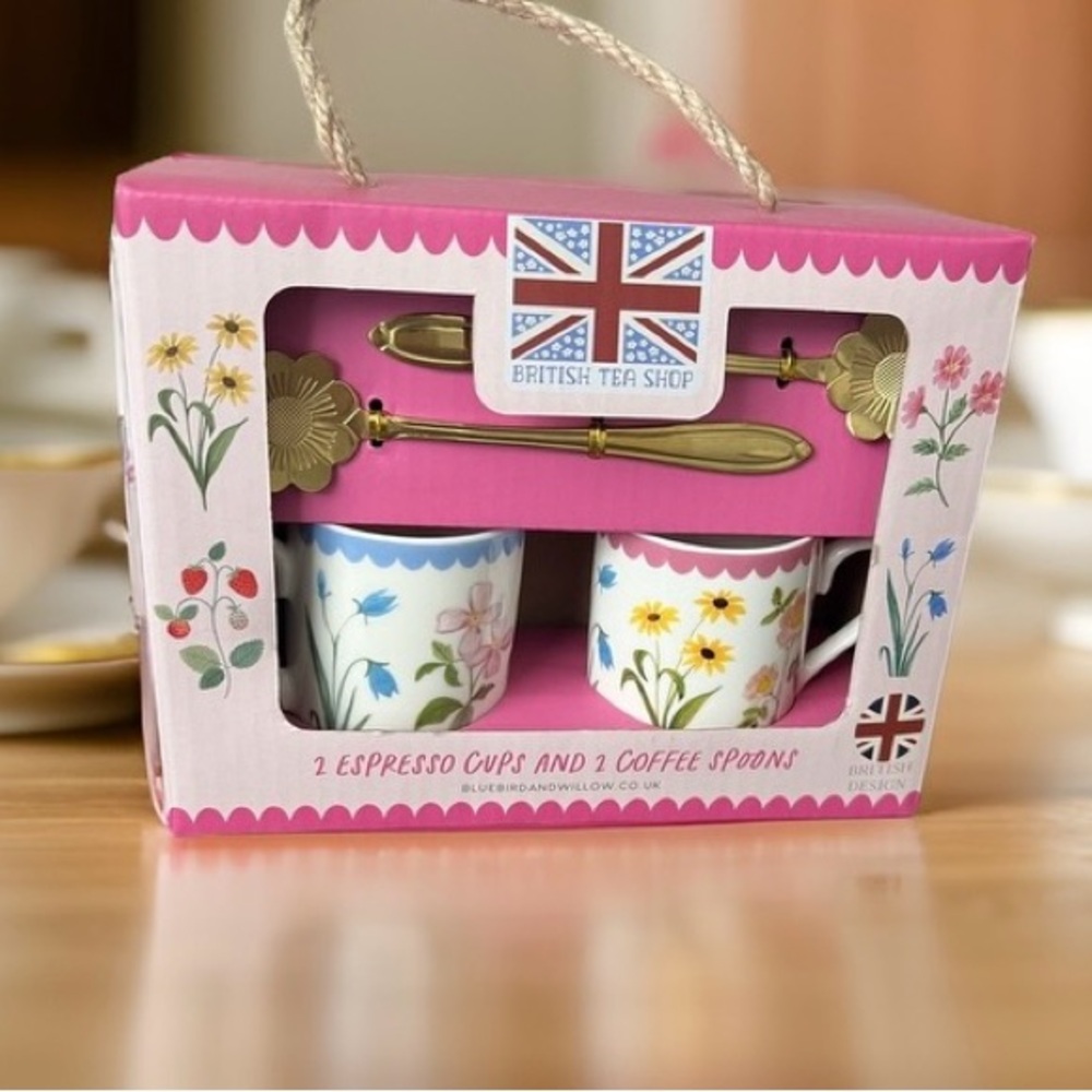 British tea shop espresso cups and coffee spoons